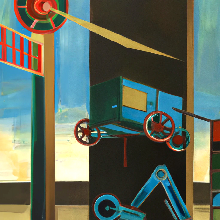 An oil painting by El Lissitzky depicting machines building a car in a factory.