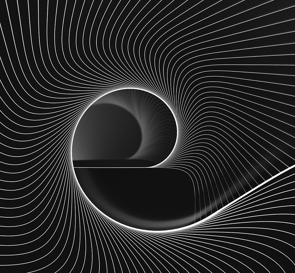 An abstract black and white image depicting a spiral